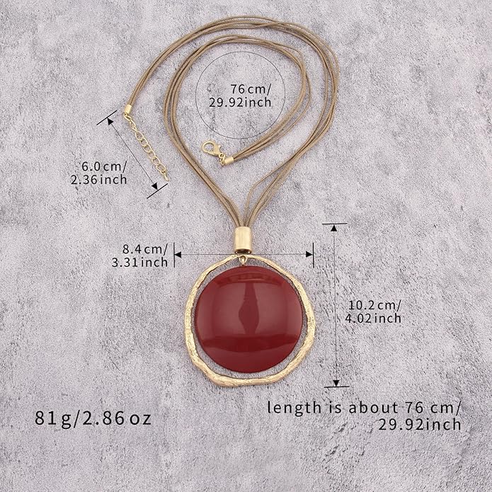 GelConnie Leather Necklace for Women Large Pendant Long Brown Necklace Circle Leather Choker Vintage Sweater Necklace Gold Chunky Boho Necklaces for Women