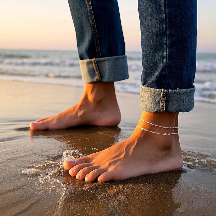 DEARMAY Dainty 14K Gold Plated Ankle Bracelets for Women, Waterproof 14K Gold Plated Link Chain Anklets Non Tarnish Set Pack Summer Beach Jewelry Gift