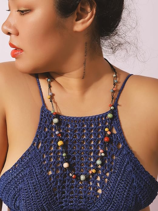 MINACHI Hippie Bohemian Colorful Ceramic Bead Long Strand Necklace, Boho Hippie Beach Summer Statement Jewelry Gift for Women