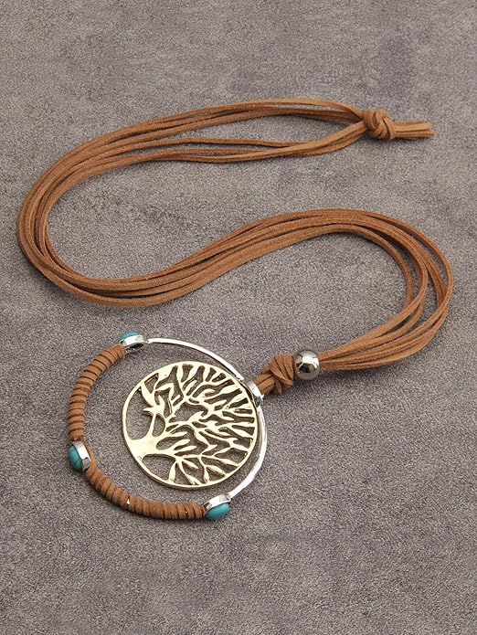 GelConnie Boho Necklaces for Women Vintage Silver Circles Long Pendant Necklace Cowgirl Sweater Necklace Adjustable Leather Choker Necklace for Women