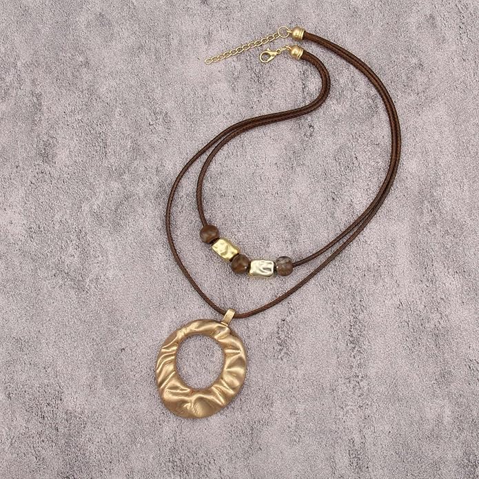 Boho Necklaces for Women Chunky Circle Necklace Layered Boho Circle Leather Choker Necklace Long Vintage Necklaces Bohemian Jewlery Gifts