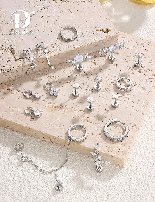18 PCS Single Cartilage Studs Earrings Women Trendy 14k Gold Plated Flat Back Earings Stacks Dainty Small Pendant Dangle Huggie Hoops Earring Cubic Zirconia Flatback Stud Sets for Multiple Piercing