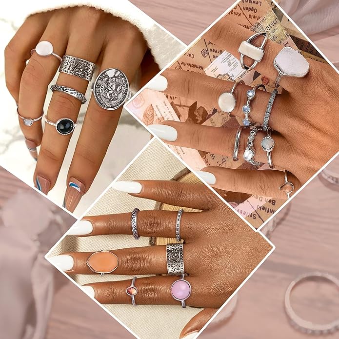 Subiceto 70 Pcs Vintage Crystal Ring Set Knuckle Rings for Women Bohemian Stackable Joint Rings Retro Boho Stacking Joint Finger Rings Pack