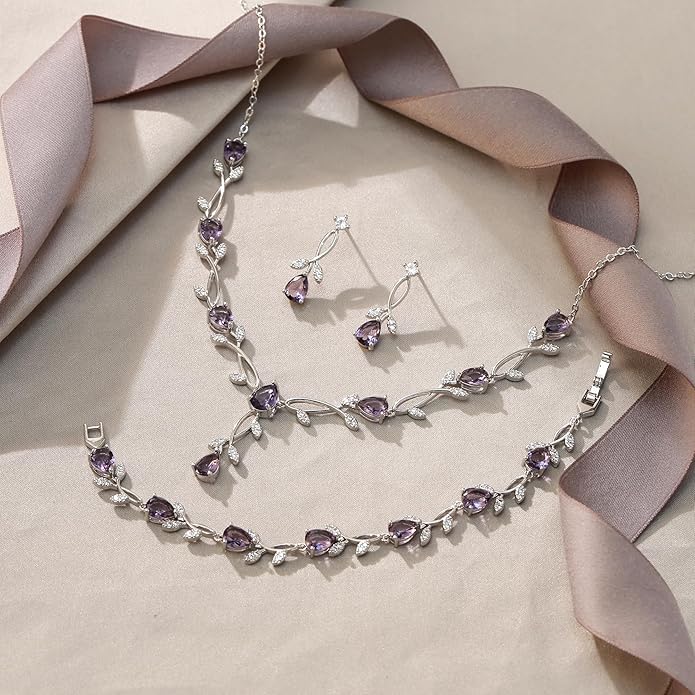 EVER FAITH Bridal Cubic Zirconia Jewelry Sets for Women, White Simulated Pearl Leaf Vine Pendant Wedding Party Necklace Earrings Set for Bridesmaid Bride