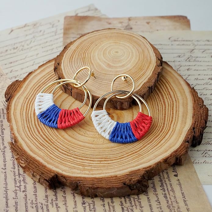 Raffia Hoop Earrings for Women Fun Boho Summer Beach Earrings Lightweight Handmade Straw Wicker Rattan Dangle Earrings Statement Geometric Round Drop Earrings