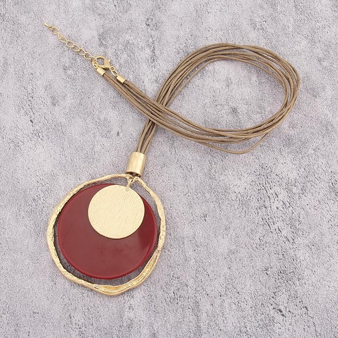 GelConnie Leather Necklace for Women Large Pendant Long Brown Necklace Circle Leather Choker Vintage Sweater Necklace Gold Chunky Boho Necklaces for Women