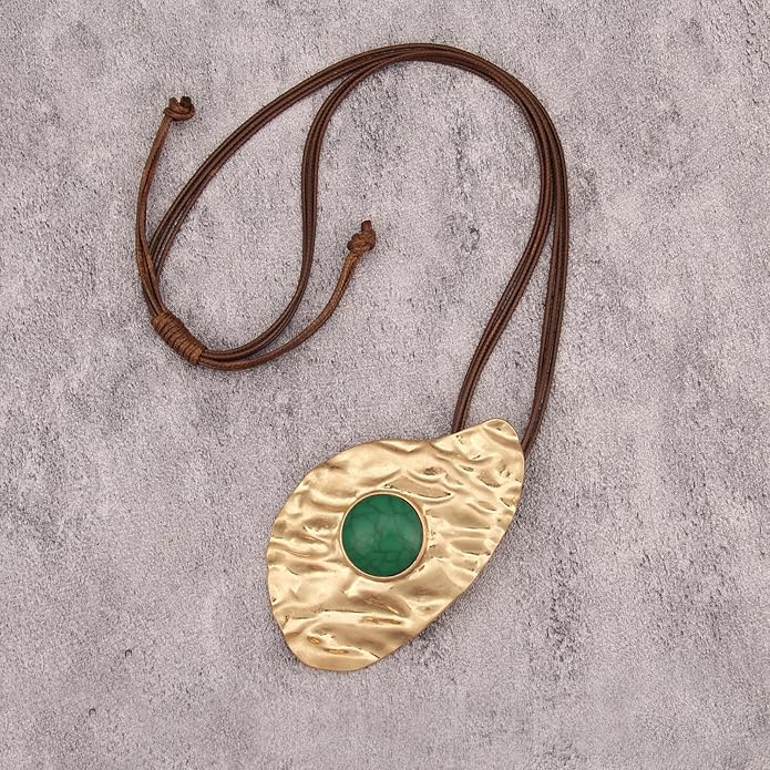 GelConnie Leather Necklace for Women Large Pendant Long Brown Necklace Circle Leather Choker Vintage Sweater Necklace Gold Chunky Boho Necklaces for Women