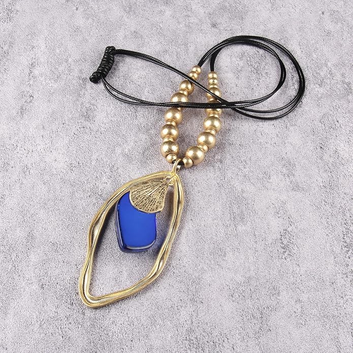 GelConnie Leather Necklace for Women Large Pendant Long Brown Necklace Circle Leather Choker Vintage Sweater Necklace Gold Chunky Boho Necklaces for Women