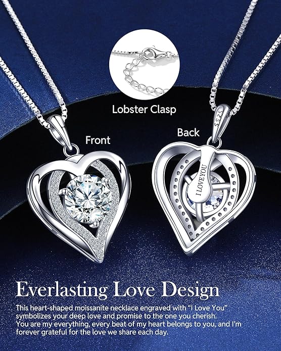 Moissanite Necklace for Women, 1-3 Carat Heart Necklace Engraved with 'I LOVE YOU' Gift for Wife, Anniversary Birthday Christmas Valentine Engagements Mothers Day Jewelry for Wife Her Girlfriend Mom Daughter