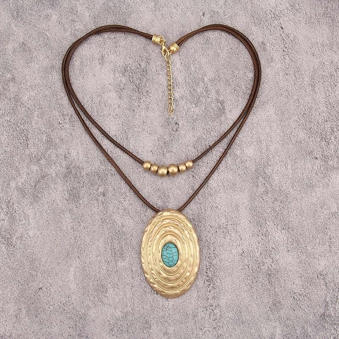 Boho Necklaces for Women Chunky Circle Necklace Layered Boho Circle Leather Choker Necklace Long Vintage Necklaces Bohemian Jewlery Gifts
