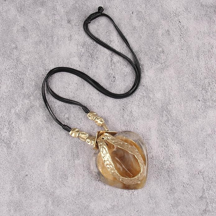 GelConnie Leather Necklace for Women Large Pendant Long Brown Necklace Circle Leather Choker Vintage Sweater Necklace Gold Chunky Boho Necklaces for Women