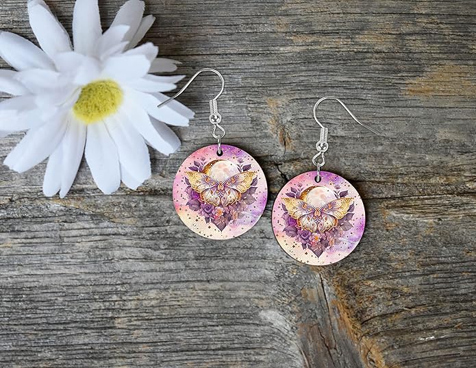 Round Wood Earrings Light Weight Printed Image Dangle Jewelry