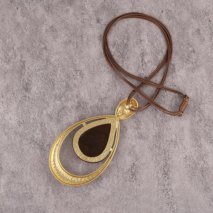 GelConnie Leather Necklace for Women Large Pendant Long Brown Necklace Circle Leather Choker Vintage Sweater Necklace Gold Chunky Boho Necklaces for Women