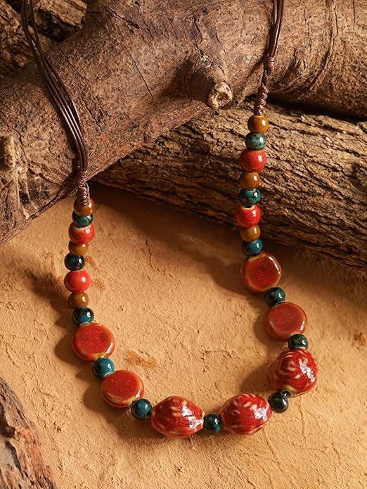 MINACHI Boho Hippie Round Ceramic Beads Strand Necklace, Vintage Bohemian Summer Beach Jewelry Gift for Women