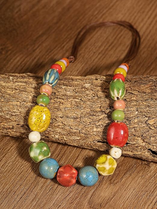 MINACHI Hippie Boho Colorful Ceramic Round Beads Strand Necklace, Bohemian Fashion Statement Jewelry Gift for Women