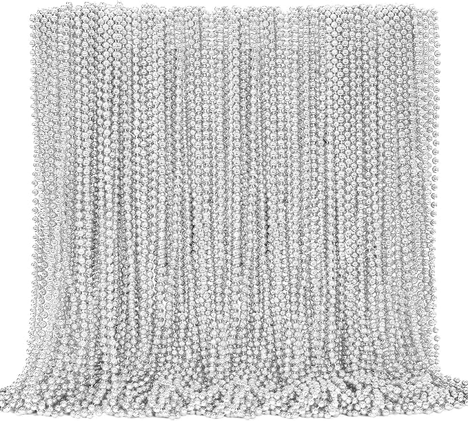 144PCS Bead Necklace, Silver Christmas Mardi Gras Beads Stuff Party Favors, 33" Xmas Necklaces Costume Bulk, Festival Events Parade Throw Accessories for Wedding Birthday Celebrations Decorations