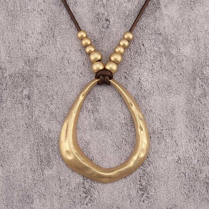 Boho Leather Necklace Women Bohemian Brown Circle Pendant Necklace Choker Long Necklaces for Women Boho Ring Large Pendant