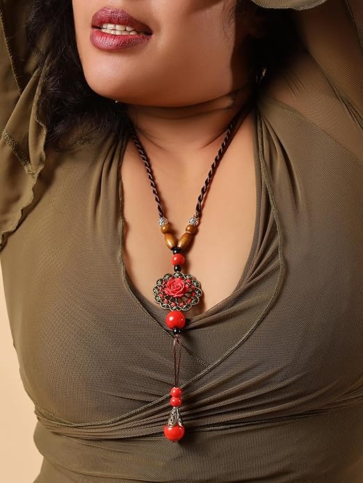 MINACHI Vintage Bohemian Colorful Ceramic Bead Antique Flower Y Necklace, Vintage Boho Hippie Statement Jewelry Gift for Women