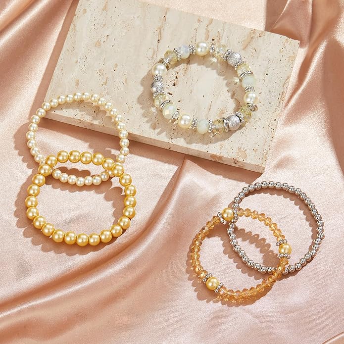 Noessla Beaded Pearl Stretch Bracelet Silver Stackable Crystal Beads Bracelets Trendy Costume Jewelry Mothers Day Gifts for Women