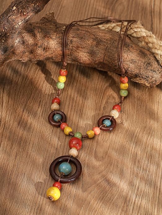 MINACHI Boho Hippie Colorful Ceramic Beads Strand O Ring Circle Charm Long Y Necklace, Vintage Bohemian Statement Jewelry Gift for Women