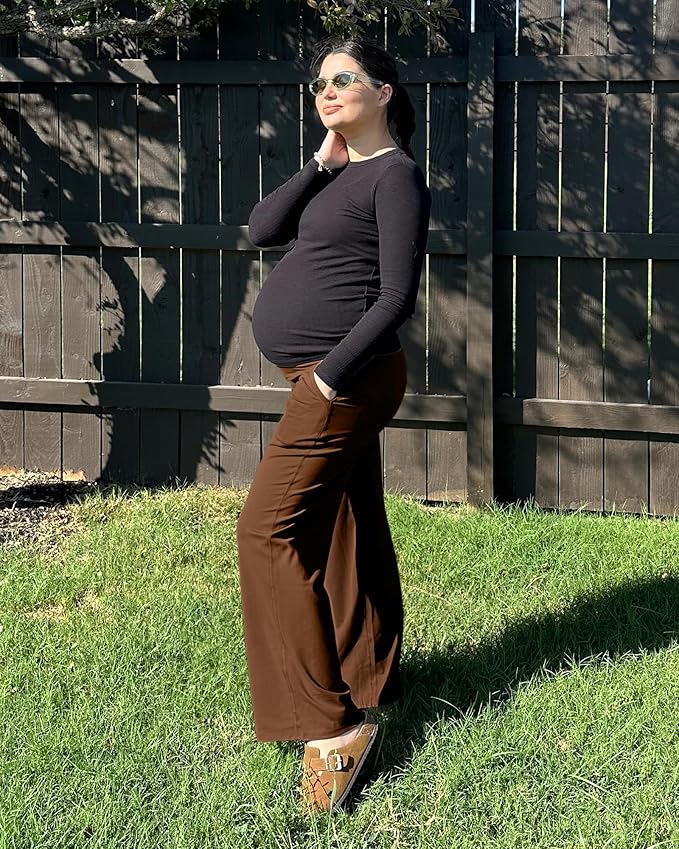 G4Free Maternity Pants Over The Belly Yoga Dress Work Pregnancy Pants Stretchy Lounge Wide Leg Trousers with Pockets