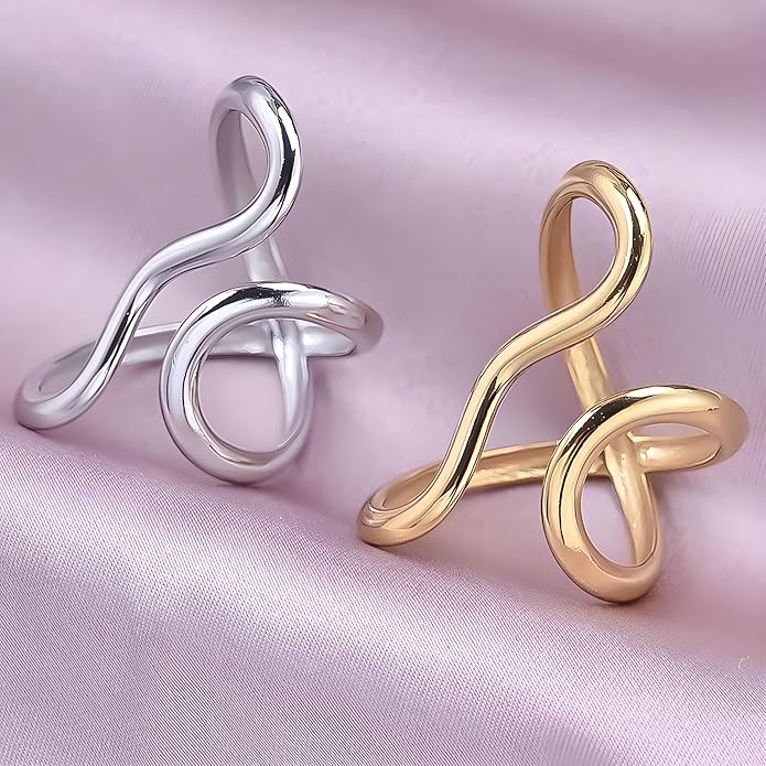 Chunky Rings For Women, Gold Silver Thumb Ring Asymmetrical Wavy Curve Ring Adjustable Non Tarnish Dainty Stainless Steel New Year Anniversary Birthday Jewelry Gift