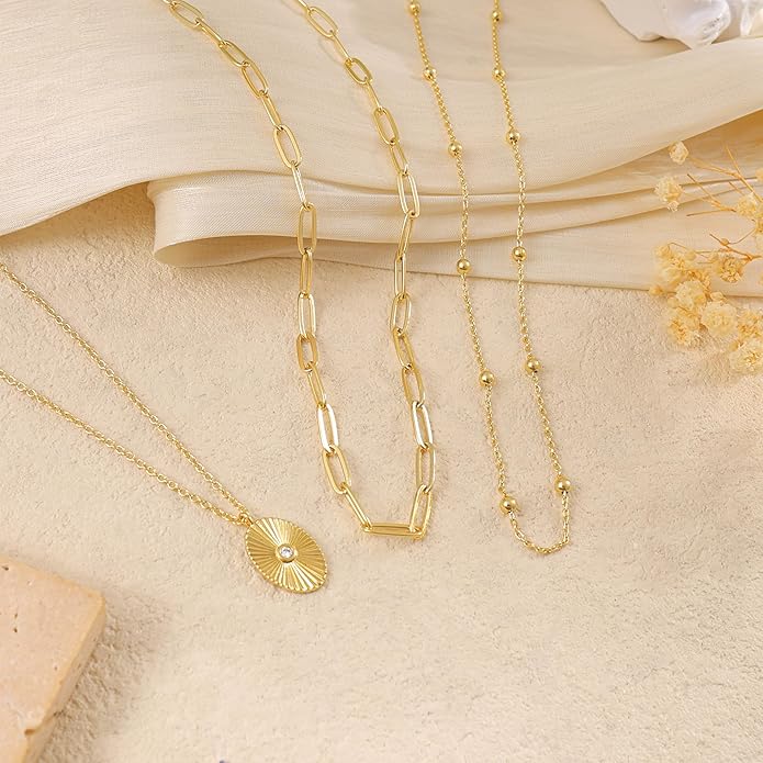 Layered Necklaces for Women,Dainty 14k Gold Plated CZ Layered Choker Necklace for Women Trendy Non Tarnish Hypoallergenic Beaded Paperclip Chain Necklace Stack Women's Minimalist Gold Jewelry Gifts