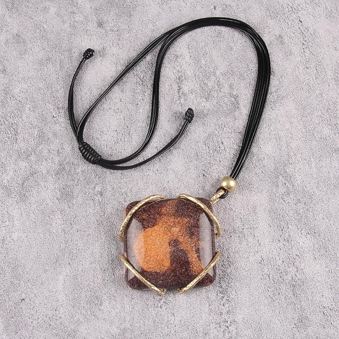 GelConnie Leather Necklace for Women Large Pendant Long Brown Necklace Circle Leather Choker Vintage Sweater Necklace Gold Chunky Boho Necklaces for Women