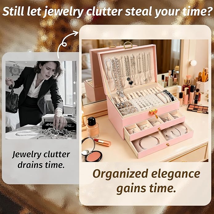 SMUOBT Jewelry Box with Jewelry Set for Women Men - Large Multi-Layer Jewelry Organizer Storage Case with Drawers, Necklace Bracelet Hoop/Stud Earrings Rings Gift Set for Her Him, Unique Birthday Party Gift (Gold/Black Silver)