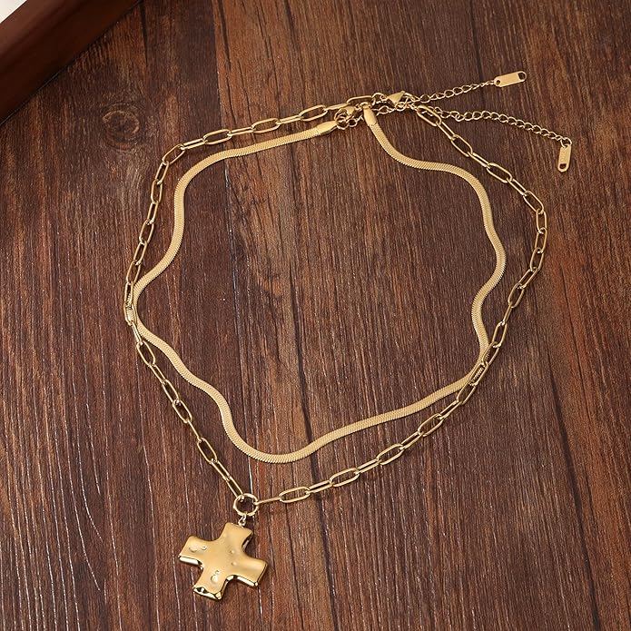 MQV Chunky Statement Gold Hammered Bold Cross Necklace Thick Chain Vintage Chain Pendant Jewelry