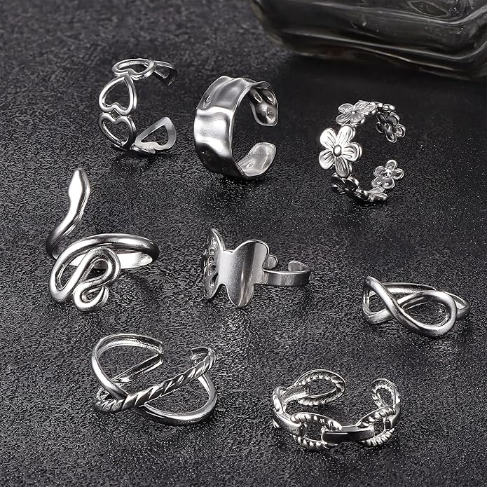 LOLIAS 16Pcs Stackable Stainless Steel Rings for Women Chunky Silver Rings Non Tarnish Ring Open Adjustable Thumb Finger Statement Ring Set