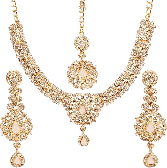 Touchstone Indian jewelry sets for women gold wedding tikka necklace set guest costume fancy bridal jewellery rhinestone crystal elegant formal prom evening wear dainty accessories