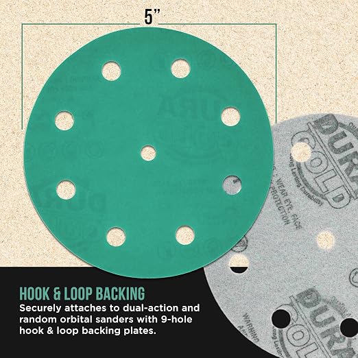 Dura-Gold Premium 2000 Grit 5" Green Film Sanding Discs, 9-Hole Pattern - Image 3