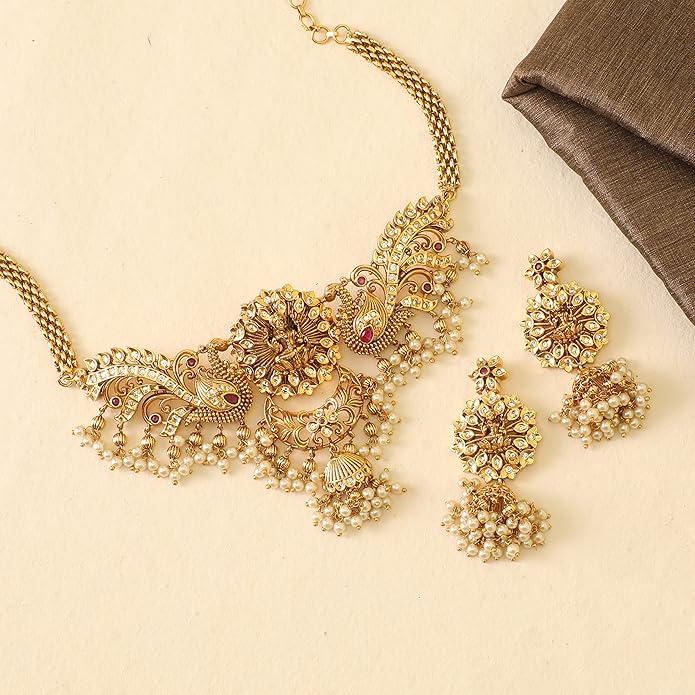 TARINIKA Brass Indian Choker Necklace Set - Gold Plated Cubic Zirconia Indian Jewelry Sets for Women Dangle, Drop, Jhumka Earrings Traditional Desi Necklace Pearls Gift for her