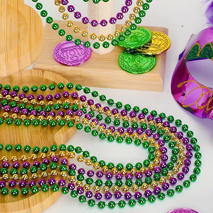 240PCS Mardi Gras Beads, Mardi Gras Beads Green Purple Gold Bulk, Metallic Round Necklaces Accessories Bulk, Necklace Costumes for Parade Throws Party Decorations Favor Supplies