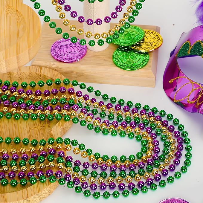 144PCS Mardi Gras Beads, Mardi Gras Green Purple Gold Metallic Necklaces Accessories Bulk, Mardi Gras Beads Necklace Costumes for Parade Throws Party Decorations Favor Supplies