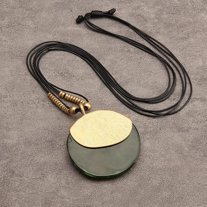 GelConnie Leather Necklace for Women Large Pendant Long Brown Necklace Circle Leather Choker Vintage Sweater Necklace Gold Chunky Boho Necklaces for Women