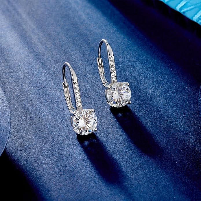 Moissanite Earrings, White Gold Plated Soild Sterling Silver Dangle Earrings 1.0ct-2.0ct D Color Brilliant Round Cut Lab Created Moissanite French Leverback Drop Earring for Women