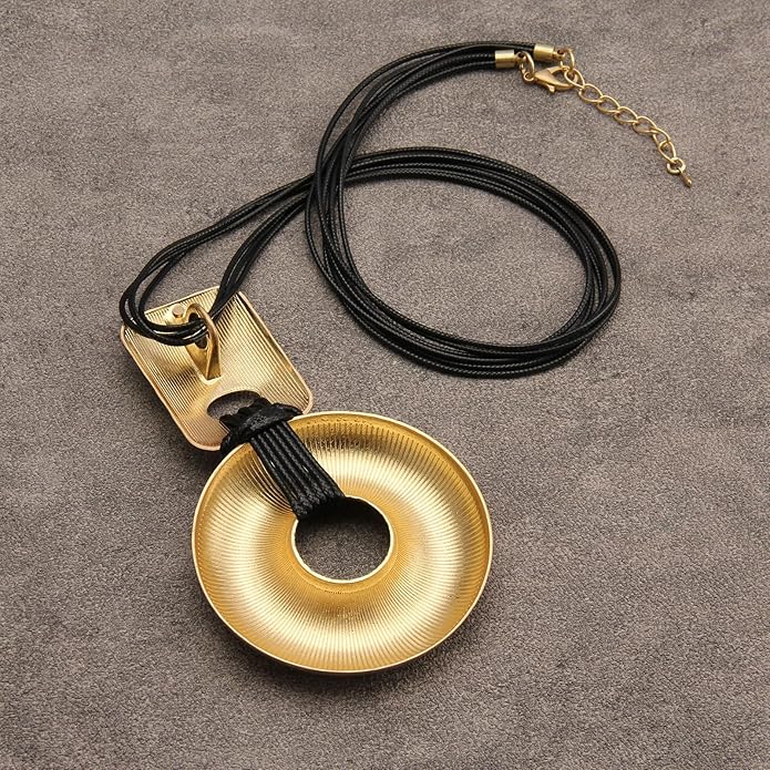GelConnie Leather Necklace for Women Large Pendant Long Brown Necklace Circle Leather Choker Vintage Sweater Necklace Gold Chunky Boho Necklaces for Women