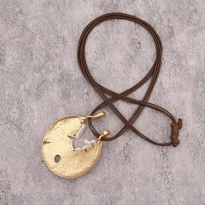 GelConnie Leather Necklace for Women Large Pendant Long Brown Necklace Circle Leather Choker Vintage Sweater Necklace Gold Chunky Boho Necklaces for Women