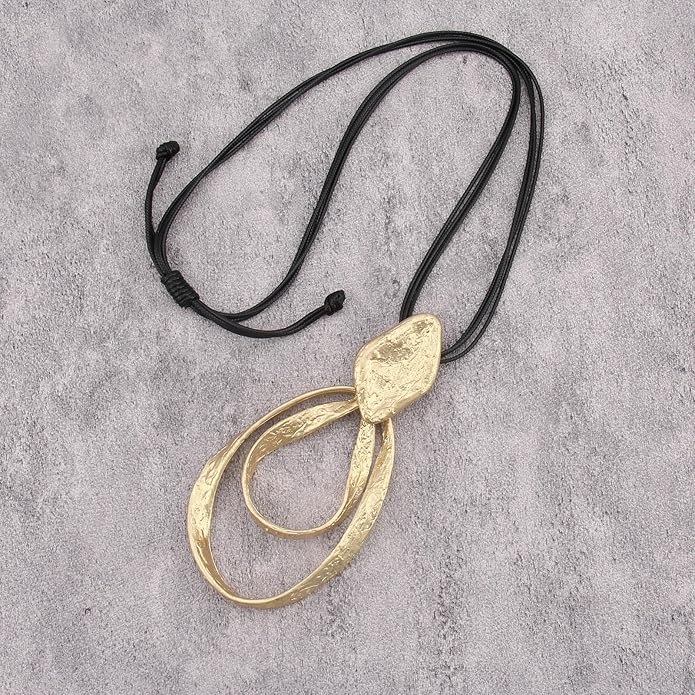 GelConnie Leather Necklace for Women Large Pendant Long Brown Necklace Circle Leather Choker Vintage Sweater Necklace Gold Chunky Boho Necklaces for Women
