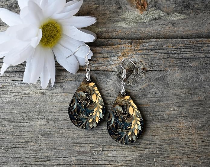 Teardrop Wood Earrings Light Weight Printed Image Dangle Jewelry, Fun and Funky Earrings