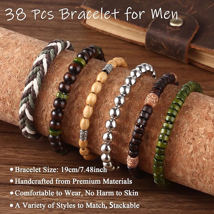 Jewdreamer 38Pcs Punk Wooden Beads Bracelets Gothic Bracelet for Men Adjustable Vintage Beaded Bracelet Metal Set Wood Bangles Wristbands Commemorative Jewelry Gift