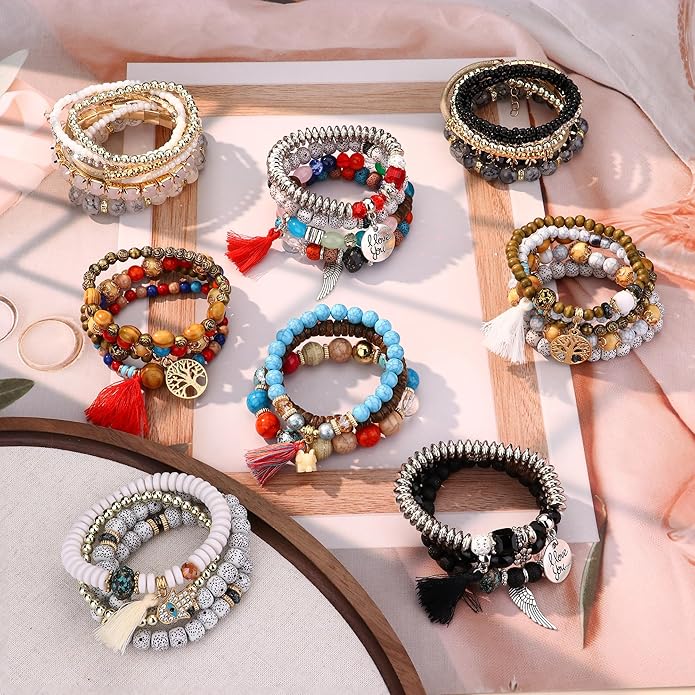 LOYALLOOK 8 Sets Bohemian Stackable Bead Bracelets for Women Stretch Multilayered Boho Stackable Bracelets Stack Beads Multicolor Beaded Strand Bangle Charm Bracelets Boho Tassel Bracelet Set Handmade