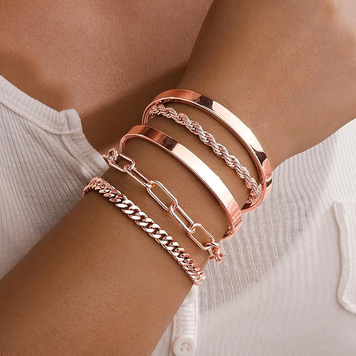 Gold Bracelets Set for Women Non Tarnish, 14K Gold Plated Sterling Silver Chunky Cuff Bracelet Stackable Gold Bangles Bracelet for Women Trendy Fashion Accessories Tie Knot Cuban Rope Paperclip Beaded Bracelet Stack Jewelry Valentines Day Gifts