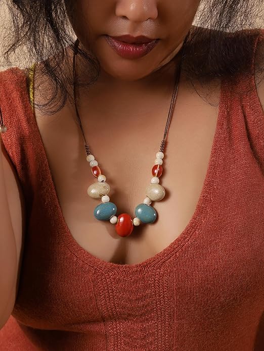 MINACHI Bohemian Hippie Colorful Ceramic Geometric Bead Strand Necklace, Vintage Boho Statement Jewelry Gift for Women