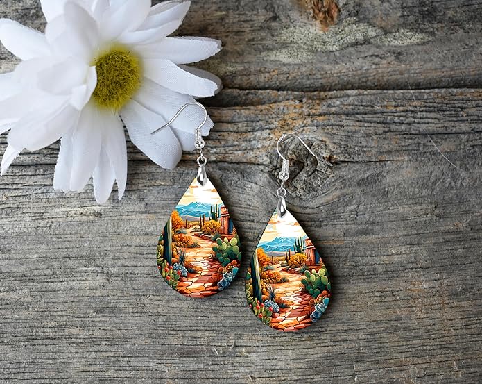Teardrop Wood Earrings Light Weight Printed Image Dangle Jewelry, Fun and Funky Earrings