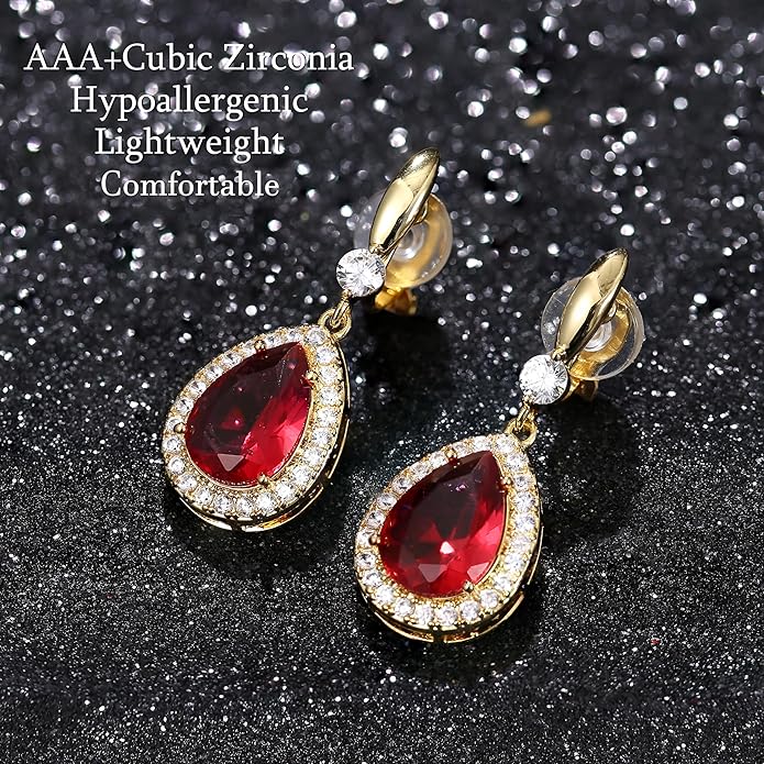 THUNARAZ Elegant Clip on Earrings for Women Sparkling Teardrop Dangle Clip Earrings Non-Pierced Rhinestone Cubic Zirconia Wedding Prom Jewelry 14K Gold and Silver Tone