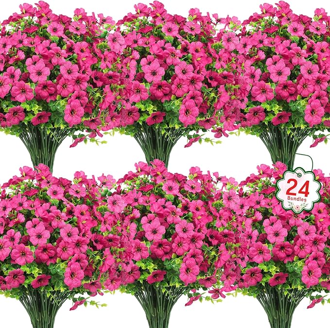 24 Pcs Artificial Flowers for Outdoors Decorations, Rose Red | Lifelike silk by OuddyDecor