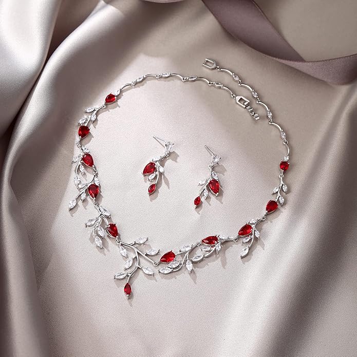 EVER FAITH Wedding Jewelry for Bride Women Bridesmaid, Sparkly Cubic Zirconia Pear-Shaped Birthstone Leaf Necklace Earrings Set for Prom
